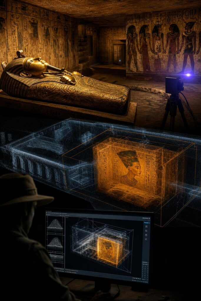 King Tut tomb hidden chambers Nefertiti illustration for New Scans Hint at Hidden Chambers Beyond King Tut's Tomb. Could Nefe